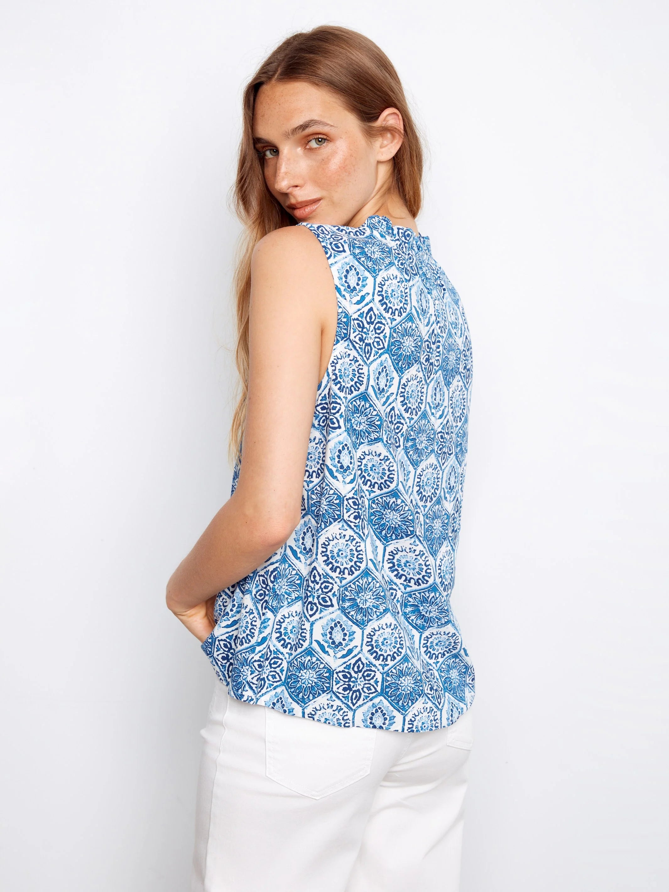 Printed Sleeveless Ruffle Neck Top