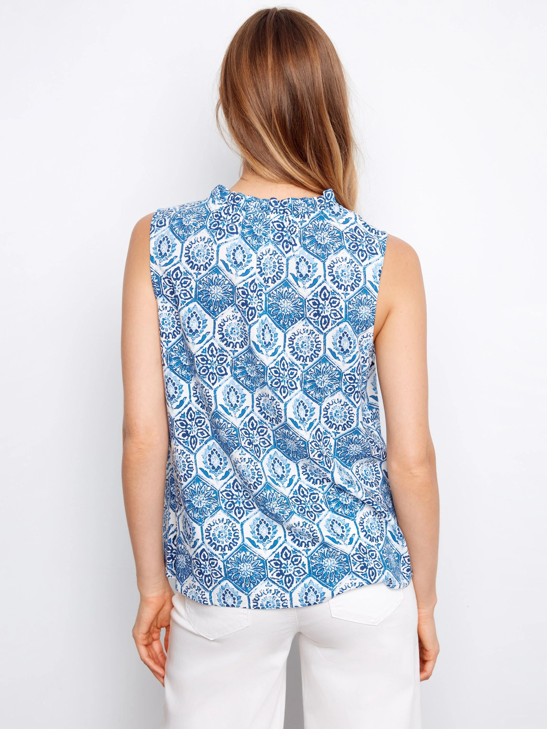 Printed Sleeveless Ruffle Neck Top