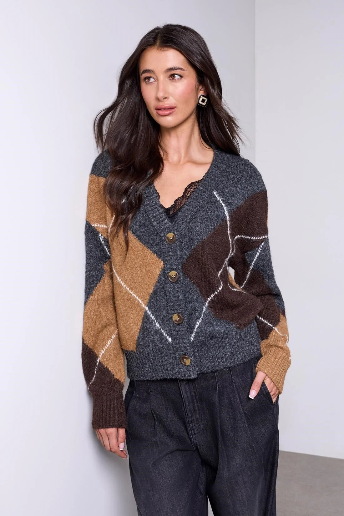 Charlie B Diamond Pattern Button Front Knit Cardigan - Style 62630-5630