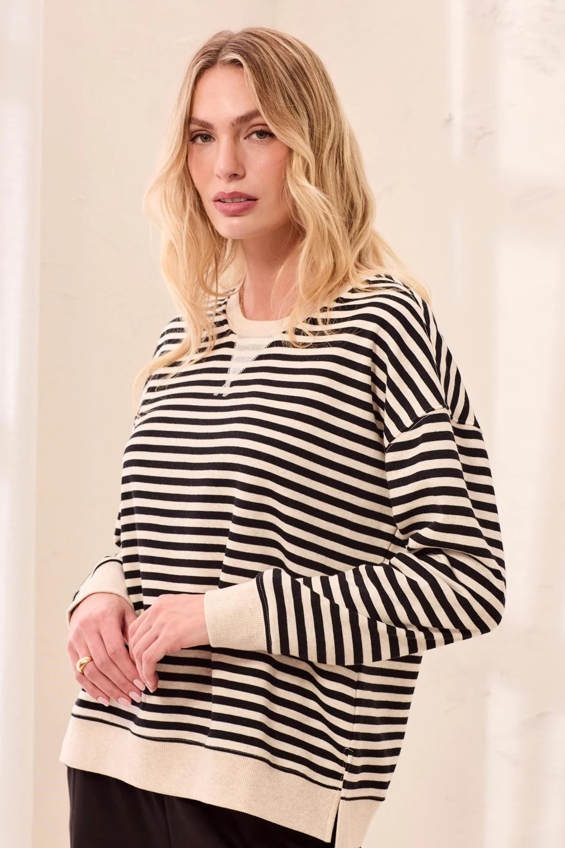 Long Sleeve Crew Neck Drop Shoulder Knit Top