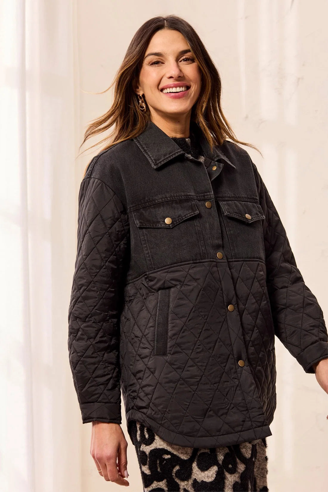 Tribal Mixed Media Denim And Quilted Jacket With Snap Front - Style 6285O-5795