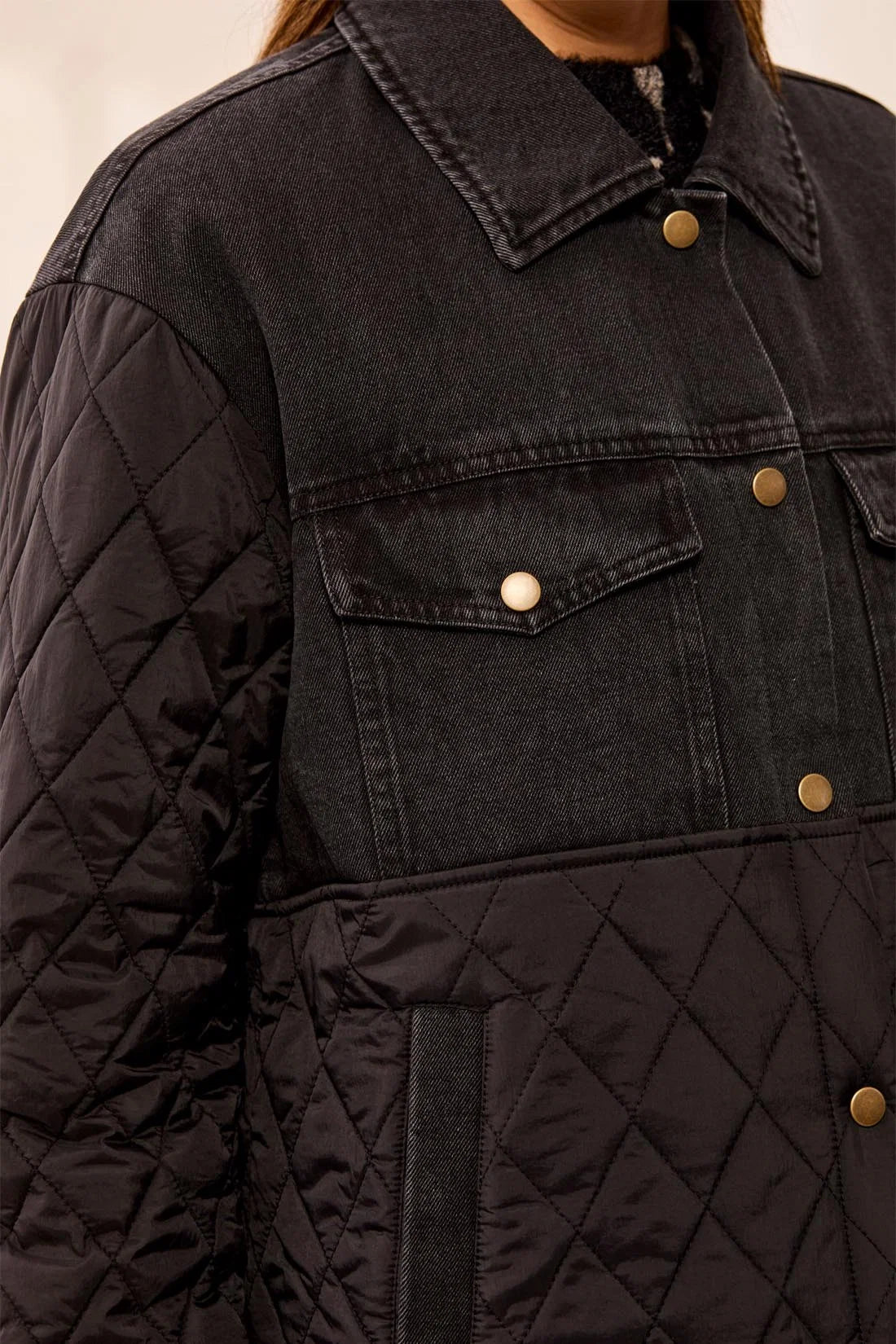 Tribal Mixed Media Denim And Quilted Jacket With Snap Front - Style 6285O-5795