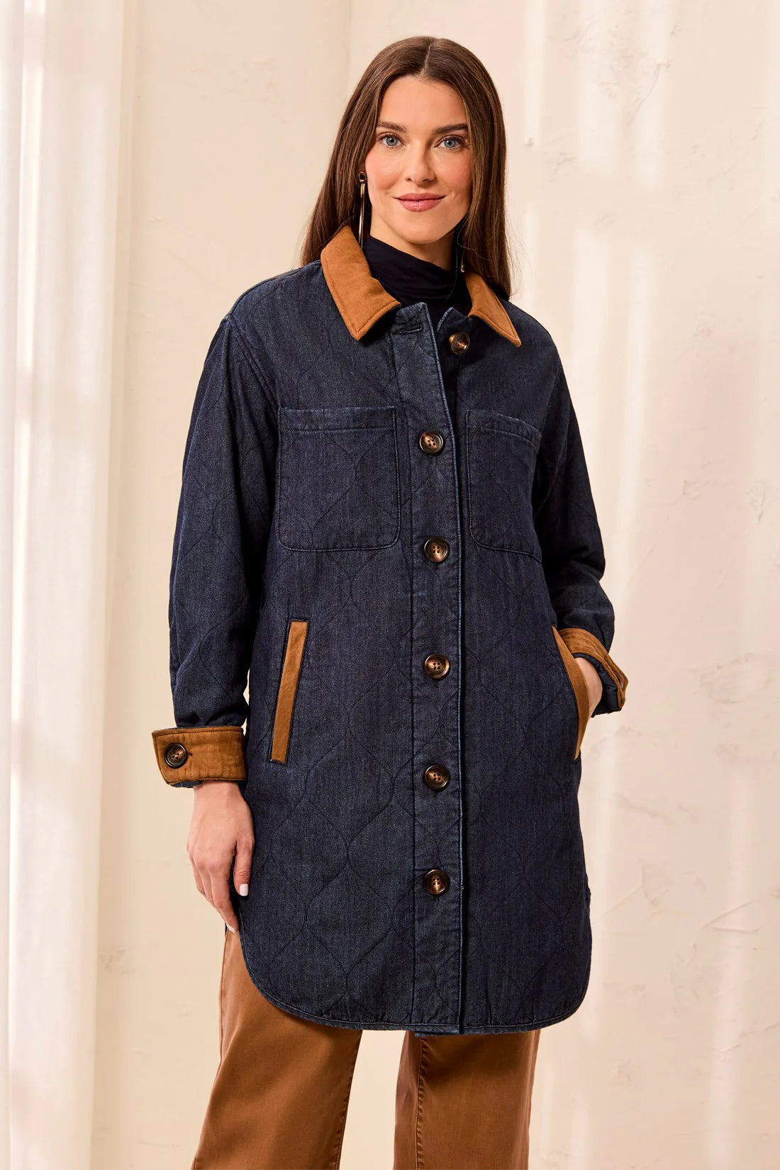 Quilted Denim Suede Trim Button-Front Jacket