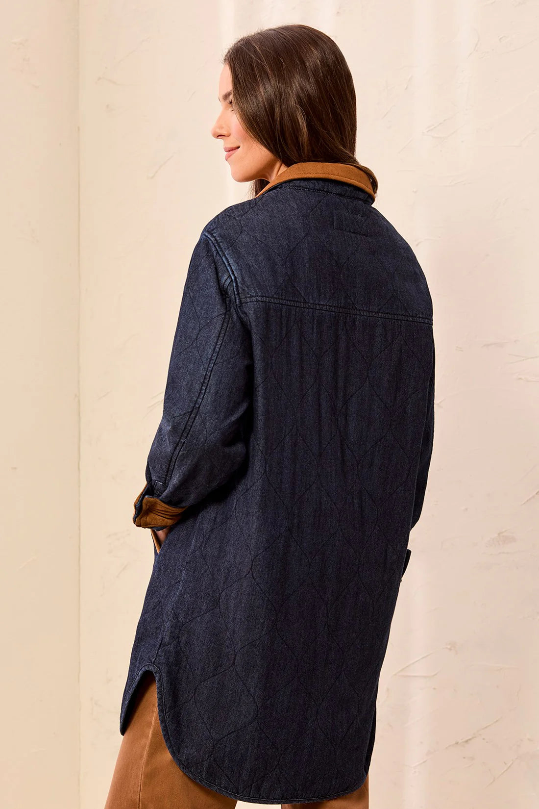 Quilted Denim Suede Trim Button-Front Jacket
