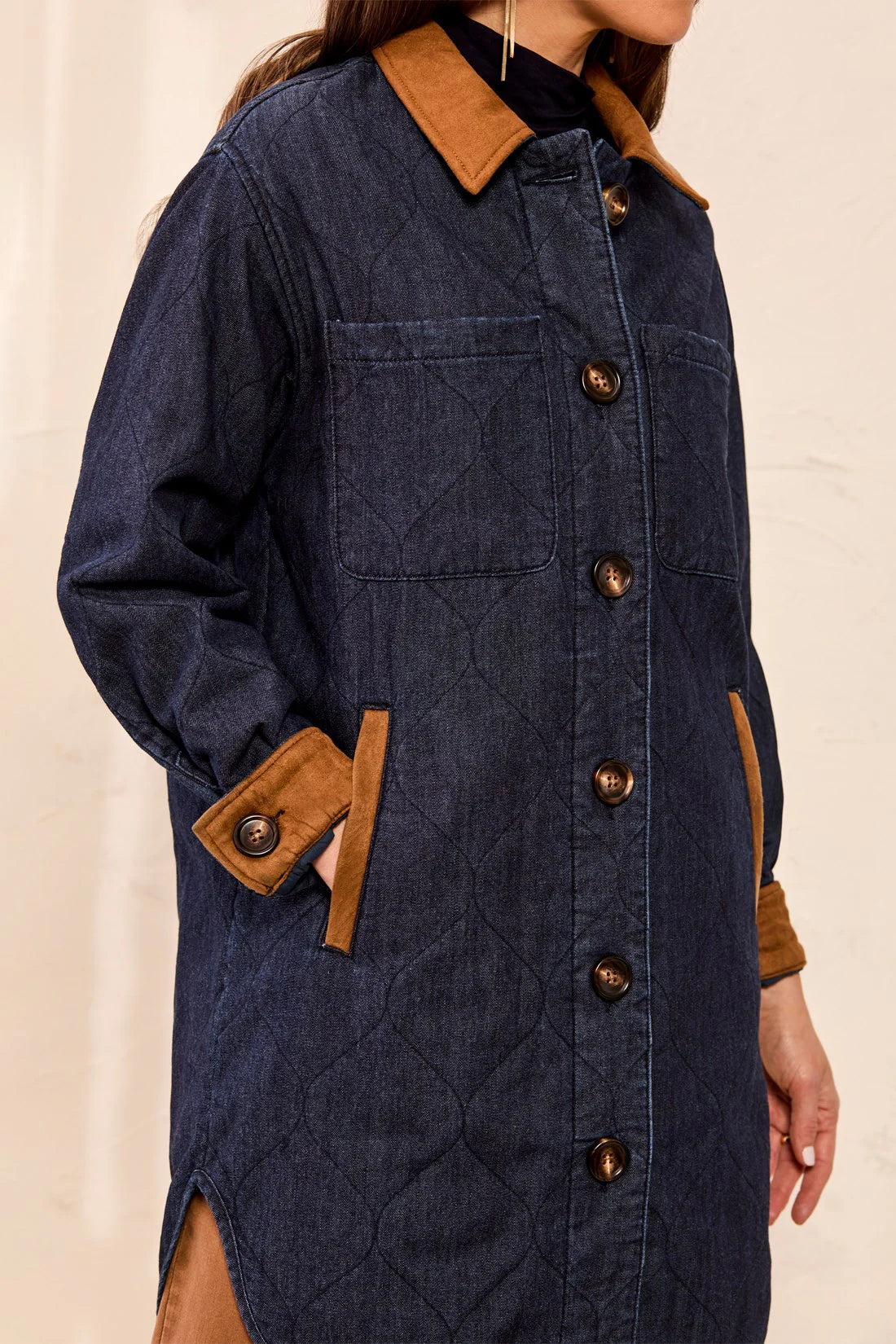 Quilted Denim Suede Trim Button-Front Jacket
