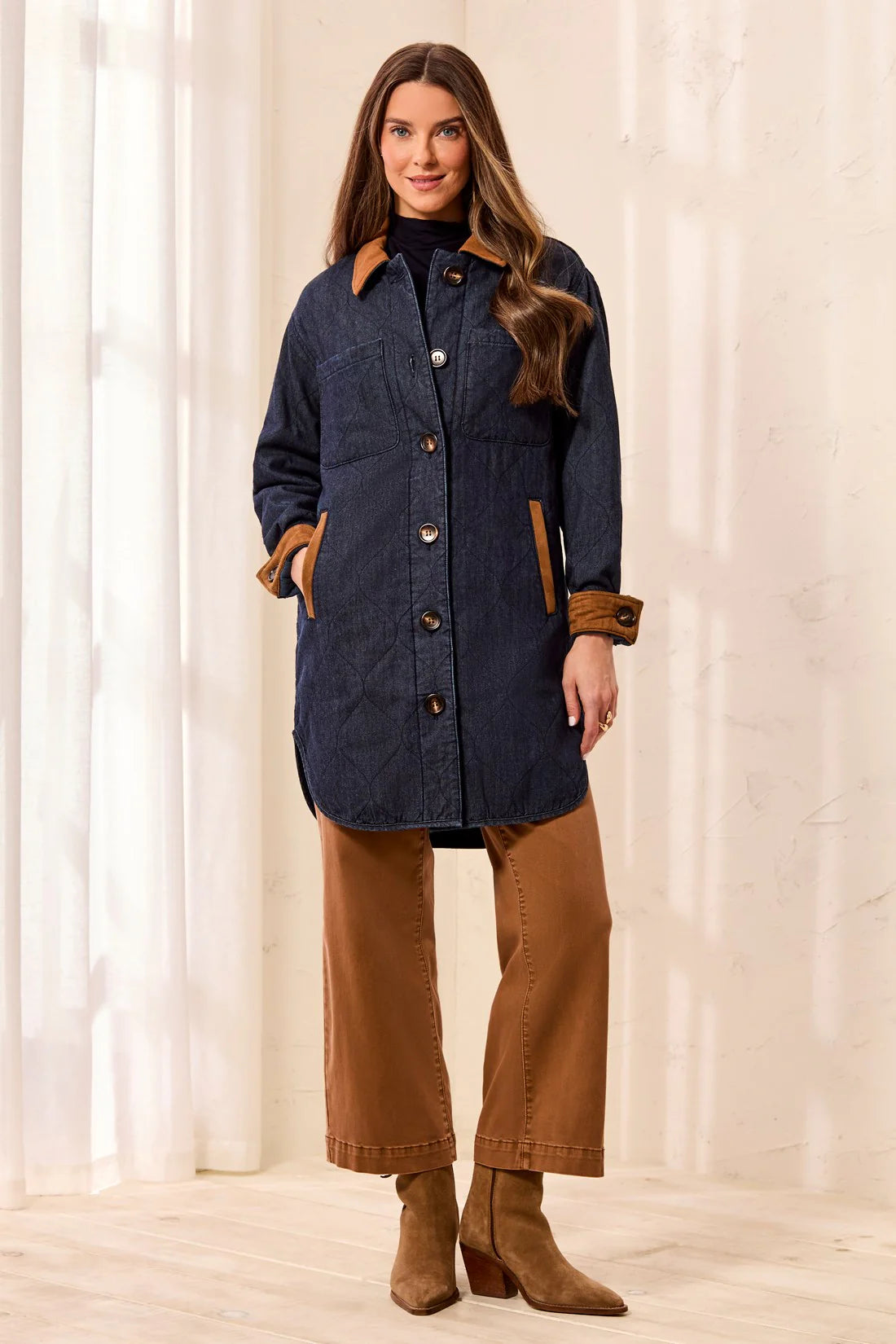 Quilted Denim Suede Trim Button-Front Jacket